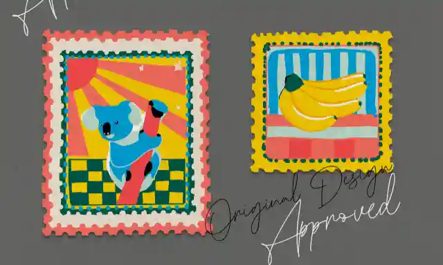 Stamp styled illustration of a koala and bananas mockup.